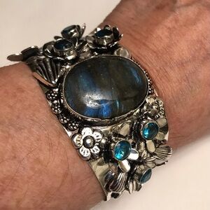 Labradorite Blue Topaz Stamped Silver Cuff Bracelet